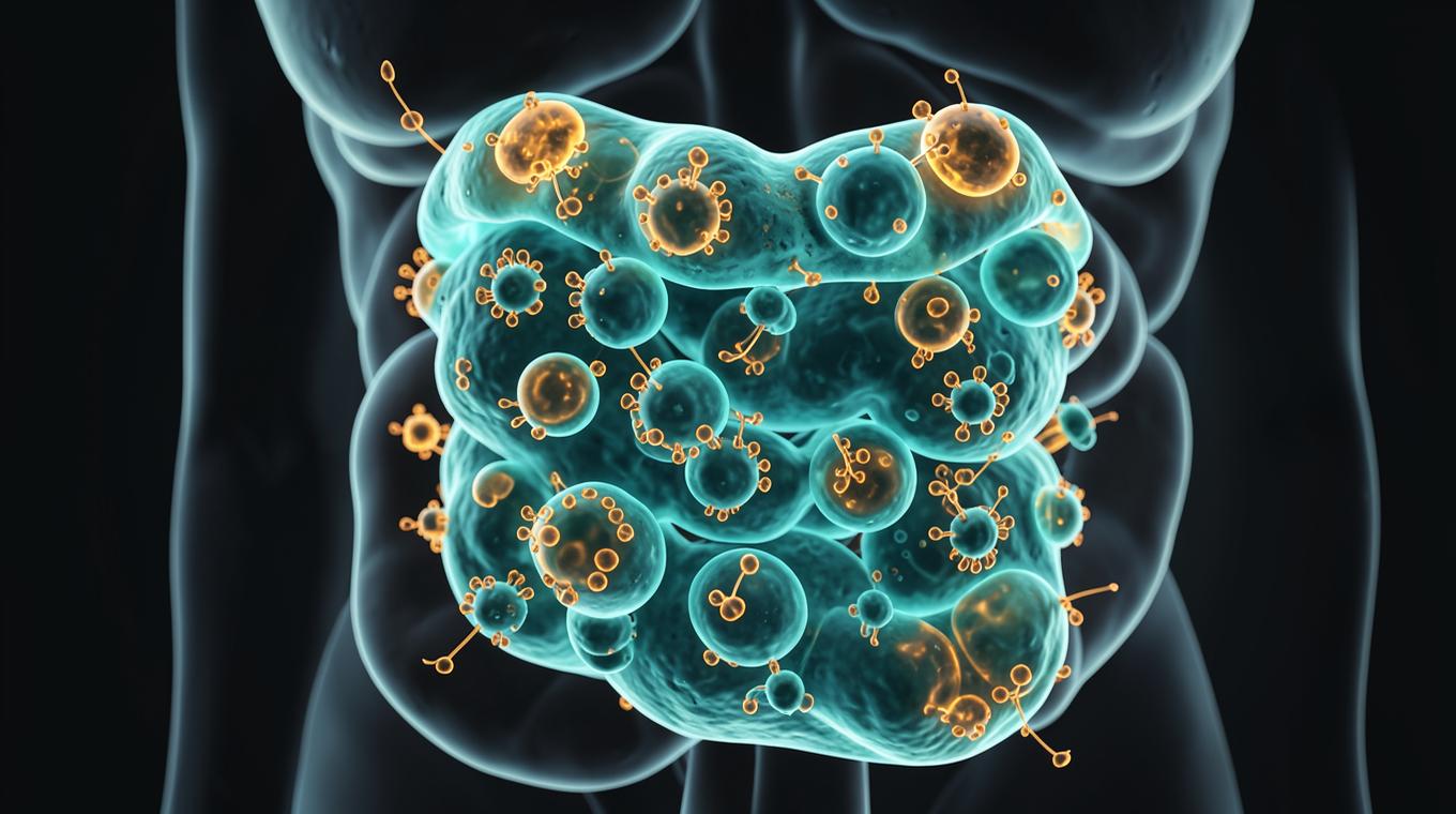 Illustrazione scientifica di colonie microbiche protette da un biofilm nell'intestino
