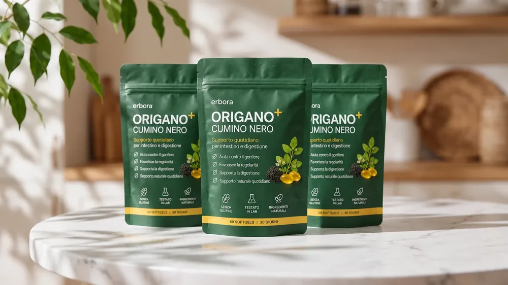 Confezione di Erbora Origano + Cumino Nero: tre bustine verde scuro con perle di olio su tavolo di marmo