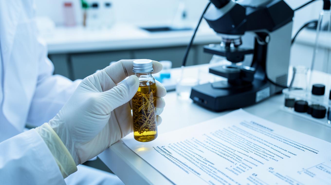 Ricercatrice in laboratorio con una fiala di olio essenziale di origano