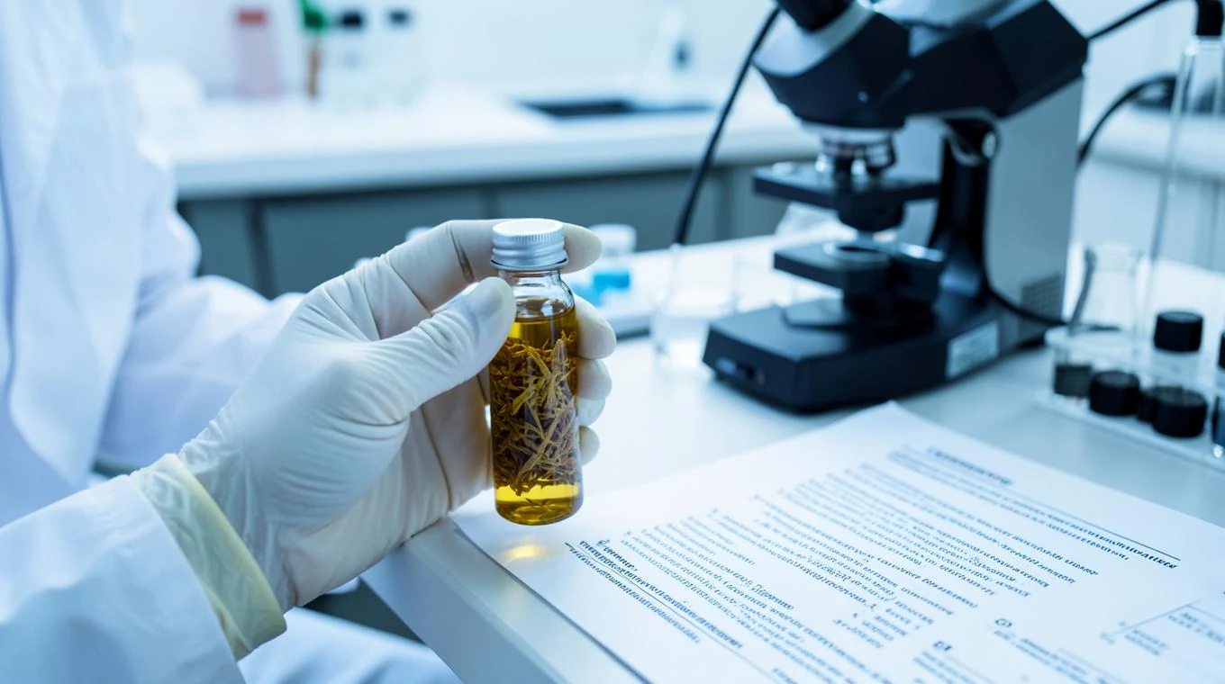 Ricercatrice in laboratorio con una fiala di olio essenziale di origano